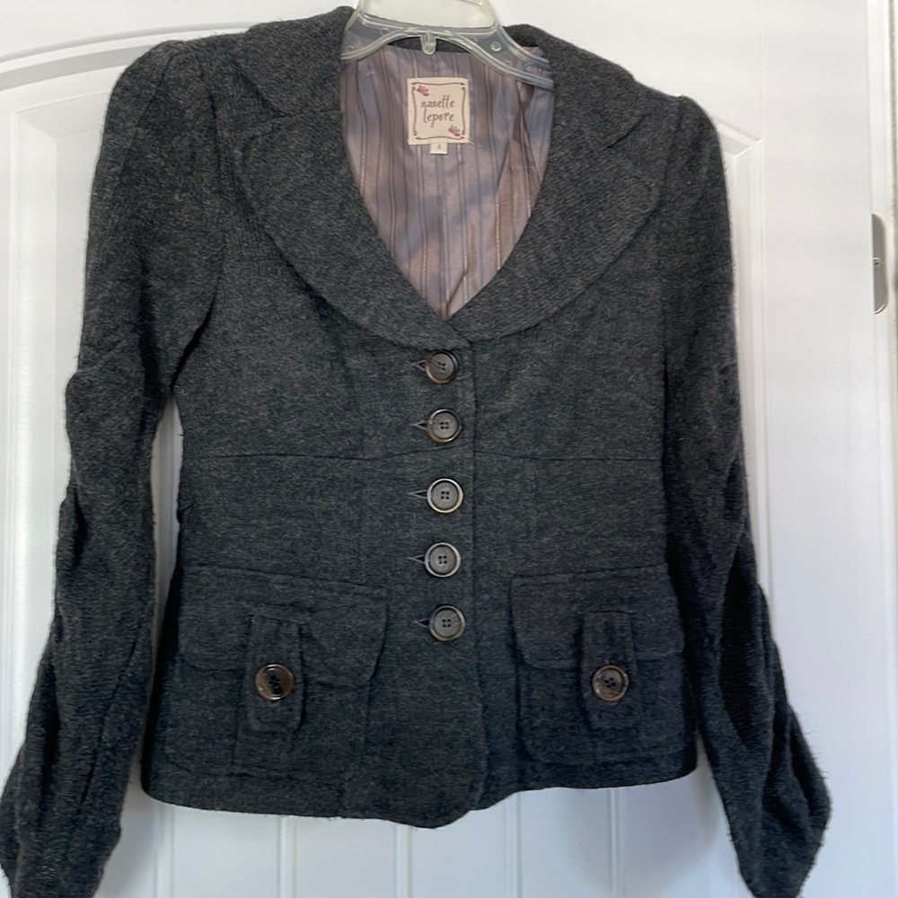 Nanette Lepore gray wool jacket with lots of her fun, quirky details.